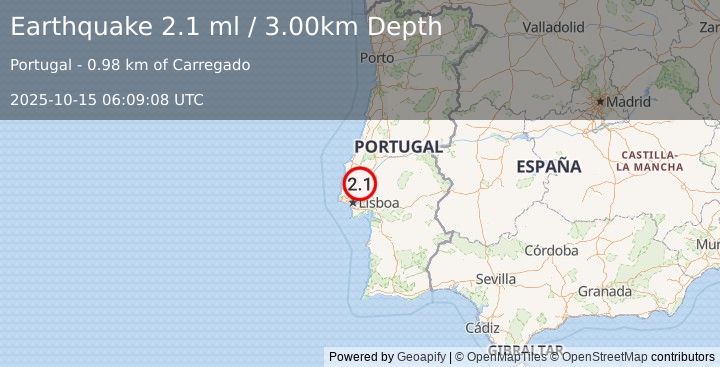 Earthquake PORTUGAL (2.1 ml) (2025-10-15 06:09:07 UTC)
