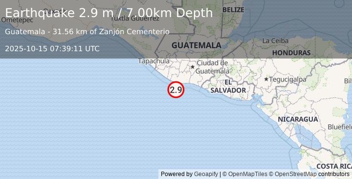 Earthquake OFFSHORE GUATEMALA (2.9 m) (2025-10-15 07:39:11 UTC)