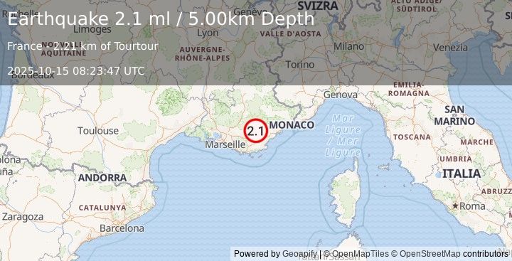 Earthquake NEAR SOUTH COAST OF FRANCE (2.0 ml) (2025-10-15 08:23:46 UTC)