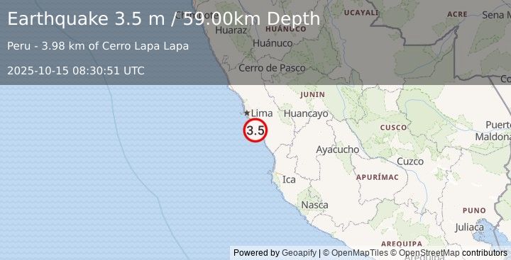 Earthquake NEAR COAST OF CENTRAL PERU (3.5 m) (2025-10-15 08:30:51 UTC)