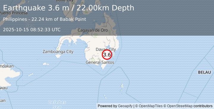 Earthquake MINDANAO, PHILIPPINES (3.6 m) (2025-10-15 08:52:33 UTC)