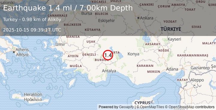 Earthquake WESTERN TURKEY (1.4 ml) (2025-10-15 09:39:17 UTC)