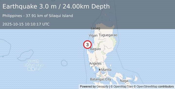 Earthquake LUZON, PHILIPPINES (3.0 m) (2025-10-15 10:10:17 UTC)
