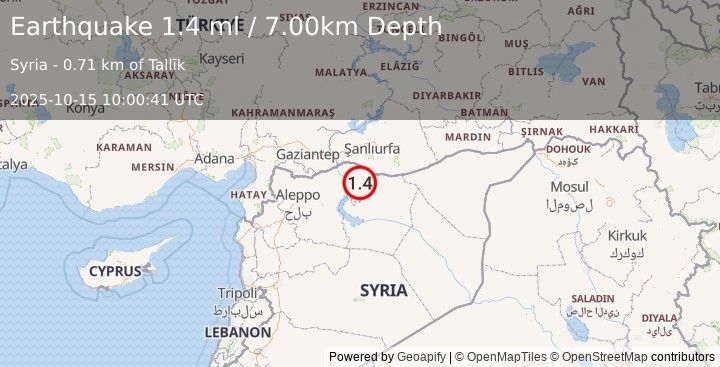 Earthquake TURKEY-SYRIA BORDER REGION (1.4 ml) (2025-10-15 10:00:41 UTC)