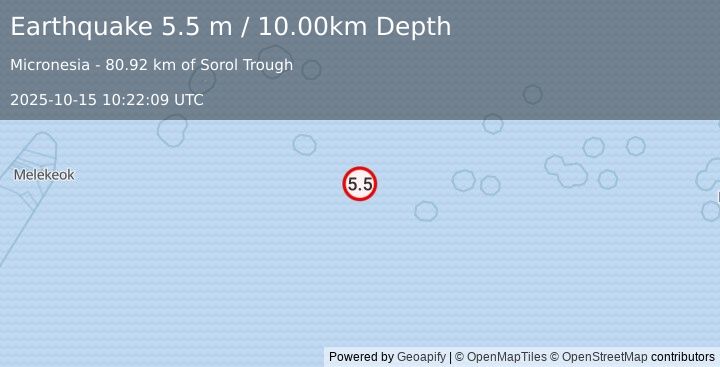 Earthquake STATE OF YAP, MICRONESIA (5.4 mw) (2025-10-15 10:22:09 UTC)