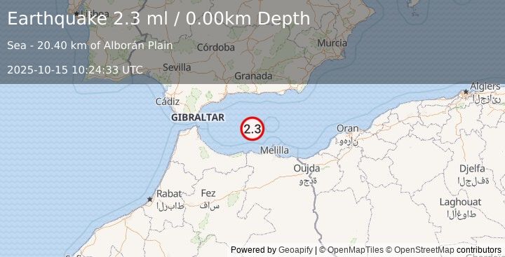Earthquake STRAIT OF GIBRALTAR (2.3 ml) (2025-10-15 10:24:33 UTC)