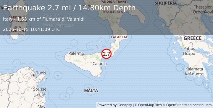Earthquake SICILY, ITALY (2.7 ml) (2025-10-15 10:41:09 UTC)