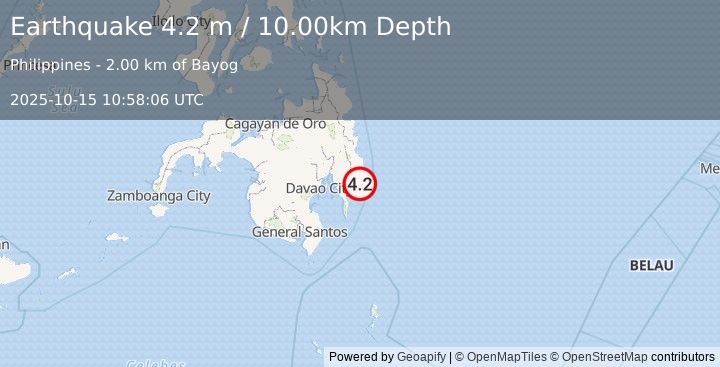 Earthquake MINDANAO, PHILIPPINES (4.2 m) (2025-10-15 10:58:06 UTC)