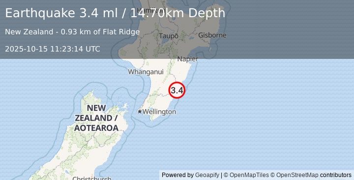 Earthquake NORTH ISLAND OF NEW ZEALAND (3.4 ml) (2025-10-15 11:23:14 UTC)