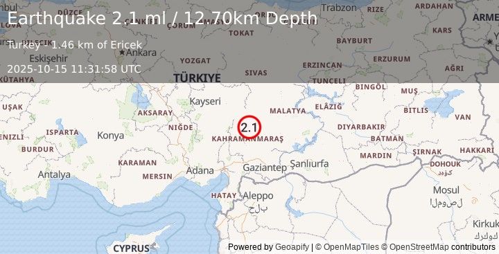 Earthquake CENTRAL TURKEY (2.1 ml) (2025-10-15 11:31:58 UTC)