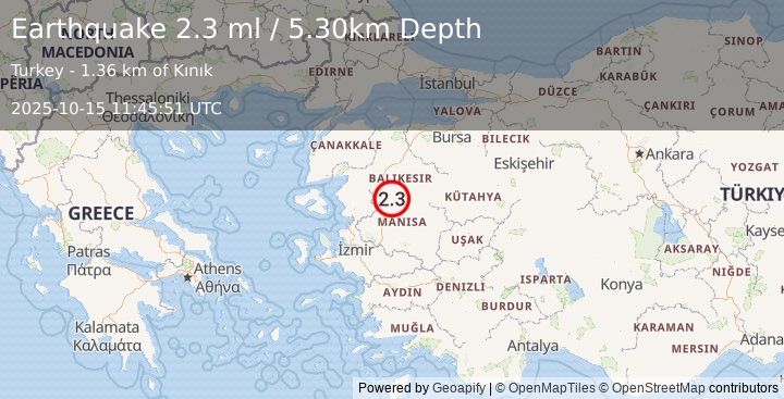 Earthquake WESTERN TURKEY (2.3 ml) (2025-10-15 11:45:51 UTC)