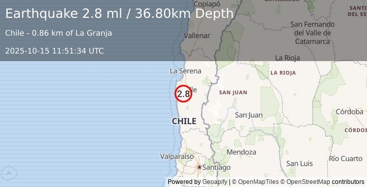 Earthquake COQUIMBO, CHILE (2.8 ml) (2025-10-15 11:51:34 UTC)