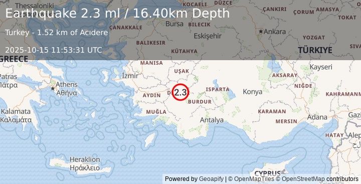 Earthquake WESTERN TURKEY (2.3 ml) (2025-10-15 11:53:31 UTC)