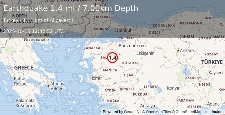 Earthquake WESTERN TURKEY (1.4 ml) (2025-10-15 12:42:52 UTC)