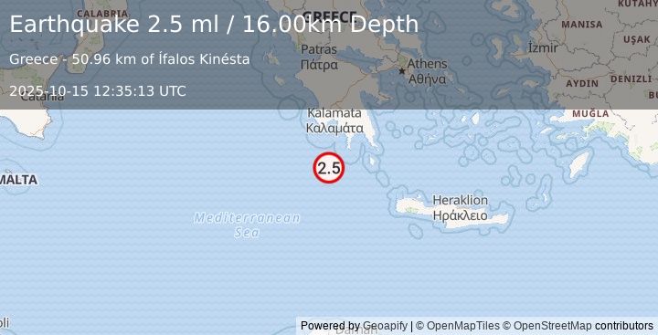 Earthquake SOUTHERN GREECE (2.5 ml) (2025-10-15 12:35:13 UTC)