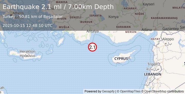 Earthquake EASTERN MEDITERRANEAN SEA (2.1 ml) (2025-10-15 12:48:10 UTC)