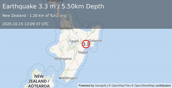 Earthquake NORTH ISLAND OF NEW ZEALAND (3.3 m) (2025-10-15 13:09:37 UTC)