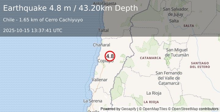 Earthquake ATACAMA, CHILE (4.8 m) (2025-10-15 13:37:41 UTC)