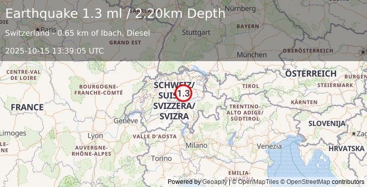 Earthquake SWITZERLAND (1.3 ml) (2025-10-15 13:39:05 UTC)
