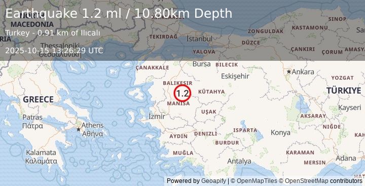Earthquake WESTERN TURKEY (1.2 ml) (2025-10-15 13:26:29 UTC)
