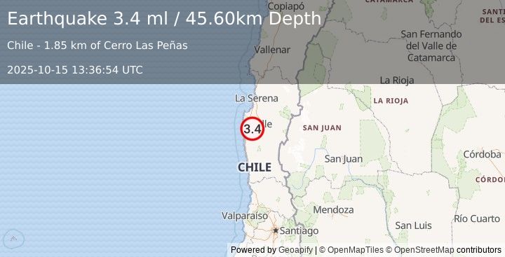 Earthquake COQUIMBO, CHILE (3.4 ml) (2025-10-15 13:36:54 UTC)
