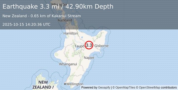 Earthquake NORTH ISLAND OF NEW ZEALAND (3.3 ml) (2025-10-15 14:20:36 UTC)