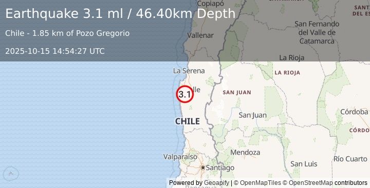 Earthquake COQUIMBO, CHILE (3.1 ml) (2025-10-15 14:54:27 UTC)