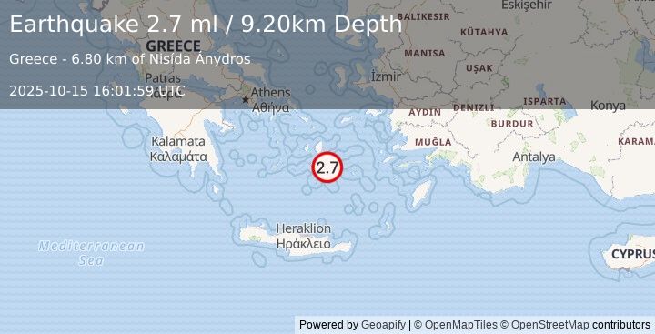 Earthquake DODECANESE ISLANDS, GREECE (2.7 ml) (2025-10-15 16:01:59 UTC)