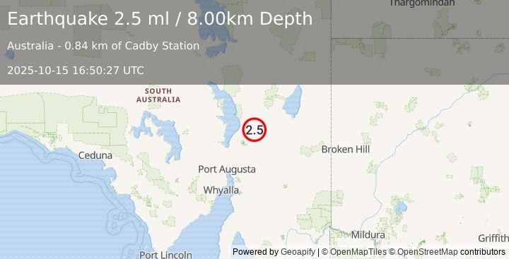 Earthquake SOUTH AUSTRALIA (2.5 ml) (2025-10-15 16:50:27 UTC)