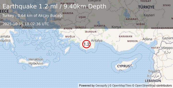 Earthquake WESTERN TURKEY (1.2 ml) (2025-10-15 18:02:36 UTC)