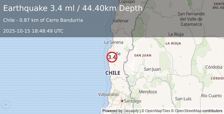 Earthquake COQUIMBO, CHILE (3.4 ml) (2025-10-15 18:48:49 UTC)