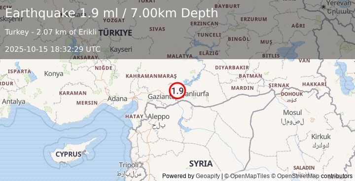 Earthquake EASTERN TURKEY (1.9 ml) (2025-10-15 18:32:29 UTC)
