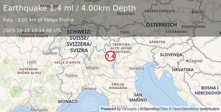 Earthquake NORTHERN ITALY (1.4 ml) (2025-10-15 19:14:48 UTC)