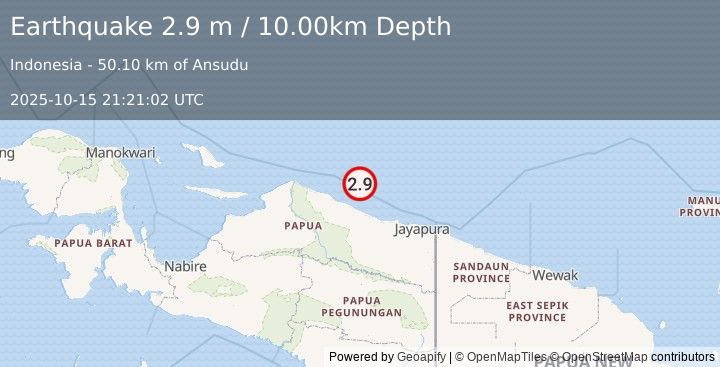 Earthquake NEAR N COAST OF PAPUA, INDONESIA (2.9 m) (2025-10-15 21:21:02 UTC)
