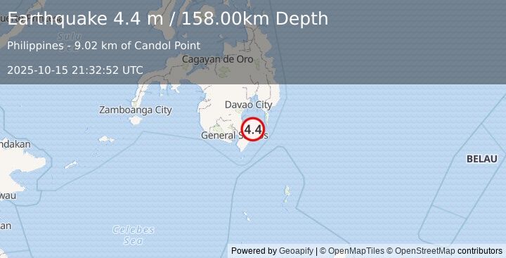 Earthquake MINDANAO, PHILIPPINES (4.4 m) (2025-10-15 21:32:52 UTC)