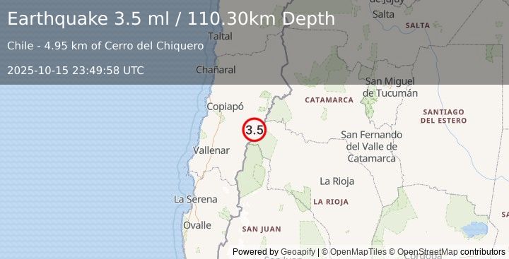 Earthquake ATACAMA, CHILE (3.5 ml) (2025-10-15 23:49:58 UTC)
