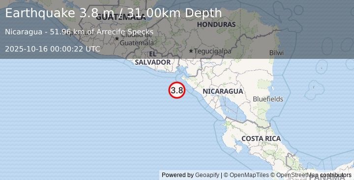 Earthquake NEAR COAST OF NICARAGUA (3.8 m) (2025-10-16 00:00:22 UTC)