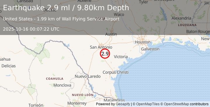 Earthquake SOUTHERN TEXAS (3.0 ml) (2025-10-16 00:07:19 UTC)