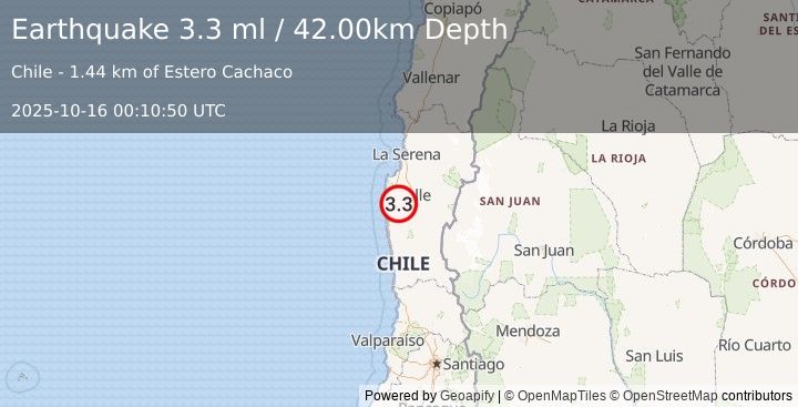 Earthquake COQUIMBO, CHILE (3.3 ml) (2025-10-16 00:10:50 UTC)