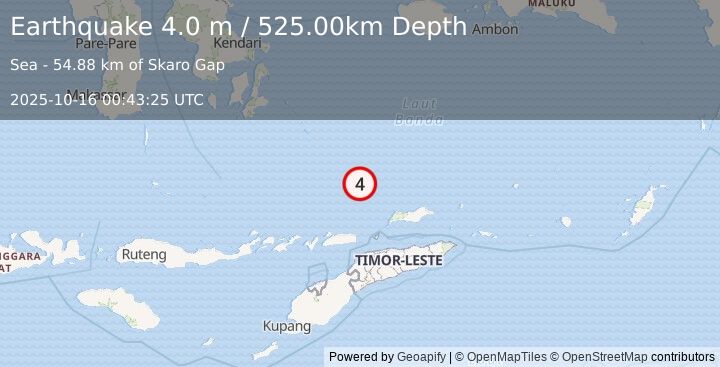Earthquake KEPULAUAN BARAT DAYA, INDONESIA (4.0 m) (2025-10-16 00:43:25 UTC)