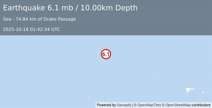 Earthquake DRAKE PASSAGE (6.3 mw) (2025-10-16 01:42:32 UTC)
