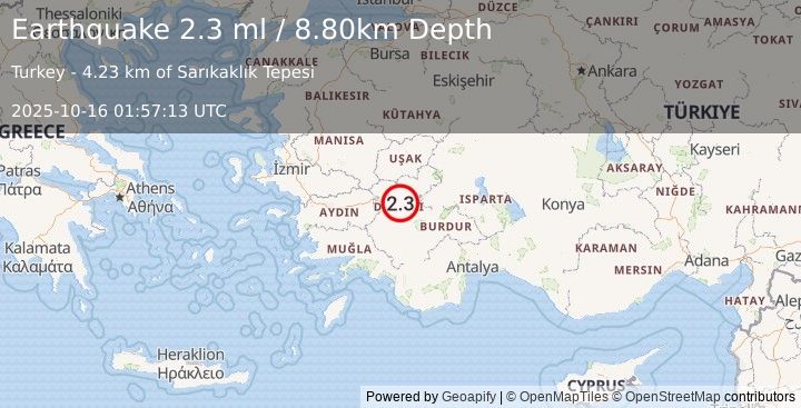 Earthquake WESTERN TURKEY (2.1 ml) (2025-10-16 01:57:13 UTC)