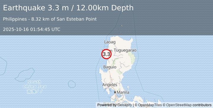 Earthquake LUZON, PHILIPPINES (3.3 m) (2025-10-16 01:54:45 UTC)
