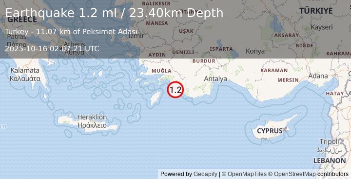 Earthquake DODECANESE IS.-TURKEY BORDER REG (1.2 ml) (2025-10-16 02:07:21 UTC)