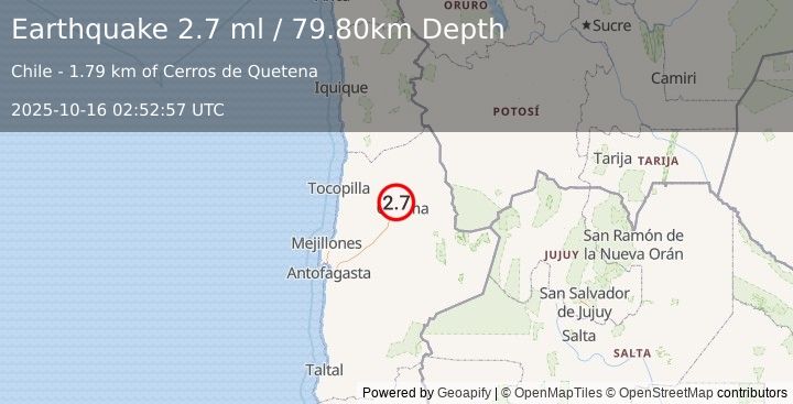 Earthquake ANTOFAGASTA, CHILE (2.7 ml) (2025-10-16 02:52:57 UTC)