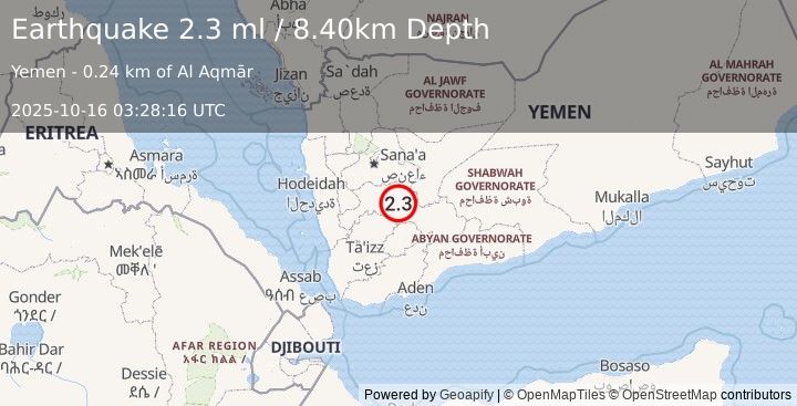 Earthquake YEMEN (2.3 ml) (2025-10-16 03:28:16 UTC)