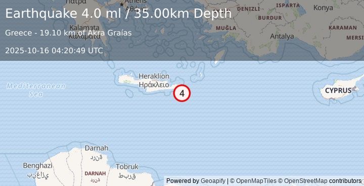 Earthquake CRETE, GREECE (4.2 ml) (2025-10-16 04:20:45 UTC)