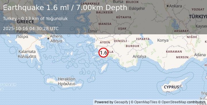 Earthquake WESTERN TURKEY (1.6 ml) (2025-10-16 04:30:27 UTC)