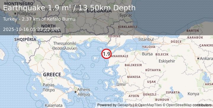 Earthquake WESTERN TURKEY (1.9 ml) (2025-10-16 05:22:22 UTC)