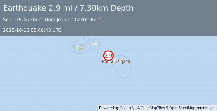 Earthquake AZORES ISLANDS, PORTUGAL (2.9 ml) (2025-10-16 05:48:43 UTC)